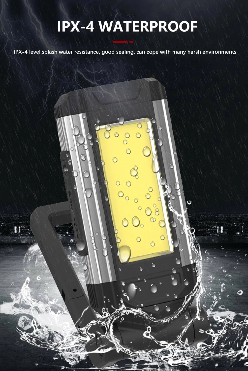 Rechargeable 10W COB LED work light with 360-degree rotation in red or silver, for auto repair and camping.