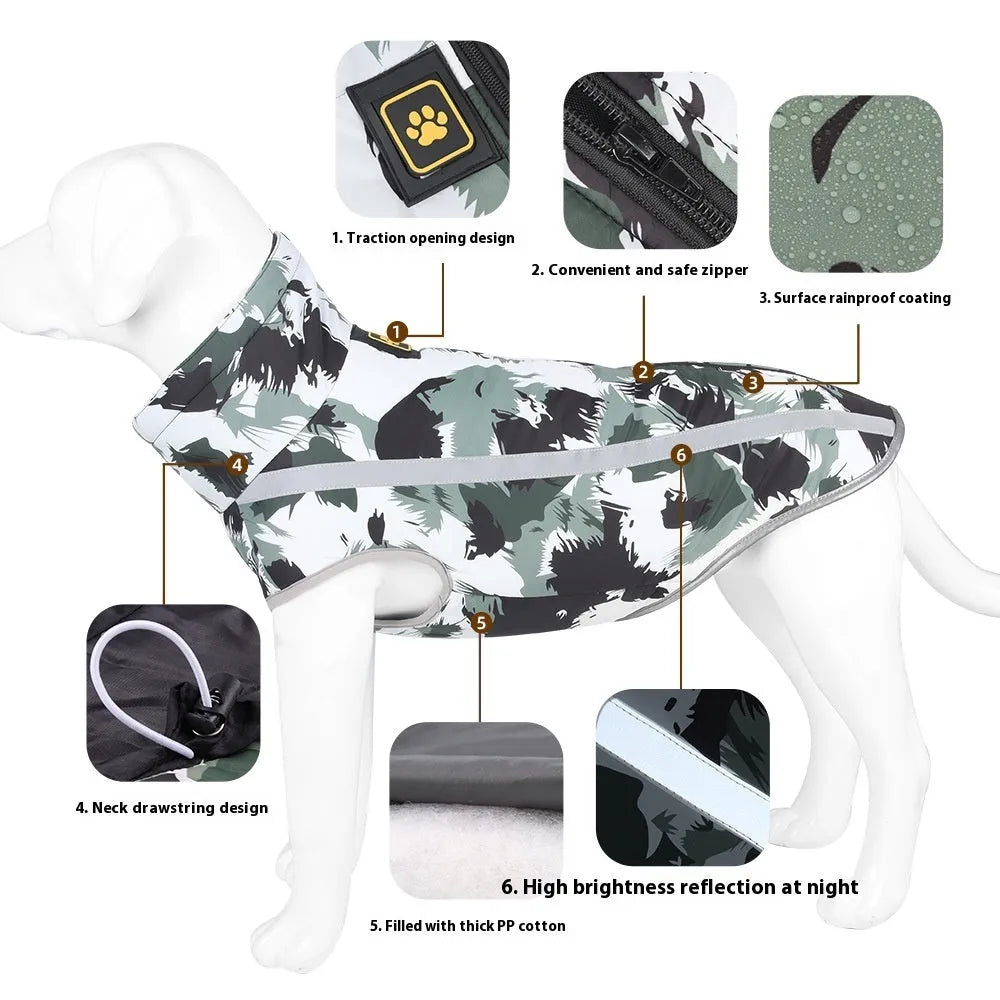 Thick reflective dog jacket in geometric blue colour, shown on a large dog.