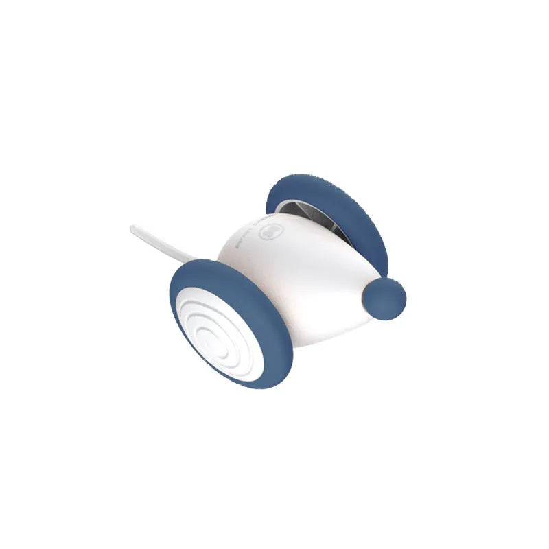Blue and yellow automatic electric cat mouse toy with USB charging, 60x50x36mm body and 135mAh battery