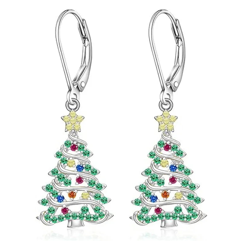 Women's Christmas tree earrings with star design in white gold colour on copper
