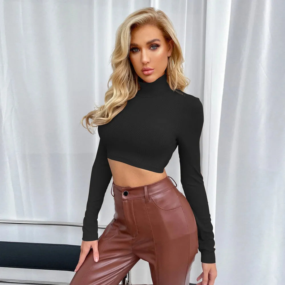 Backless slim-fit high-neck long-sleeved top in black or pink orange, polyester, sizes S-XL