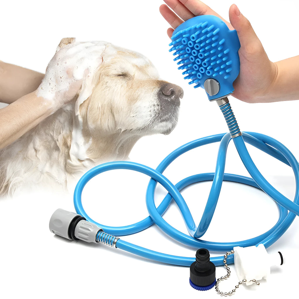 Blue pet bath brush with 2.5-metre hose, silicone and ABS body, and two adapters for dogs and cats