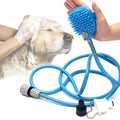 Blue pet bath brush with 2.5-metre hose, silicone and ABS body, and two adapters for dogs and cats