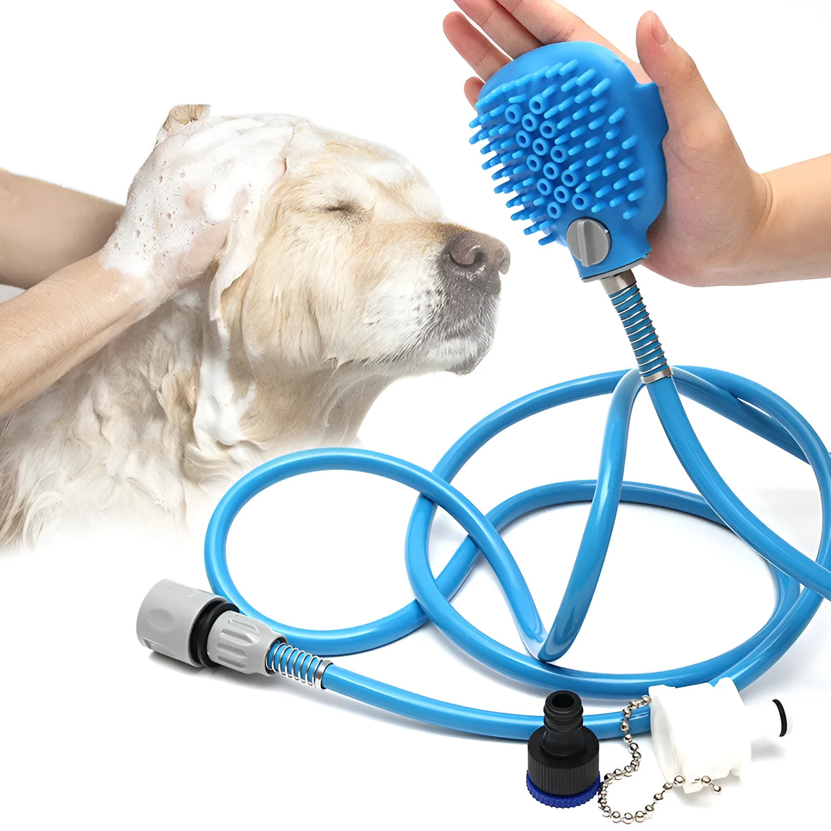 Blue pet bath brush with 2.5-metre hose, silicone and ABS body, and two adapters for dogs and cats
