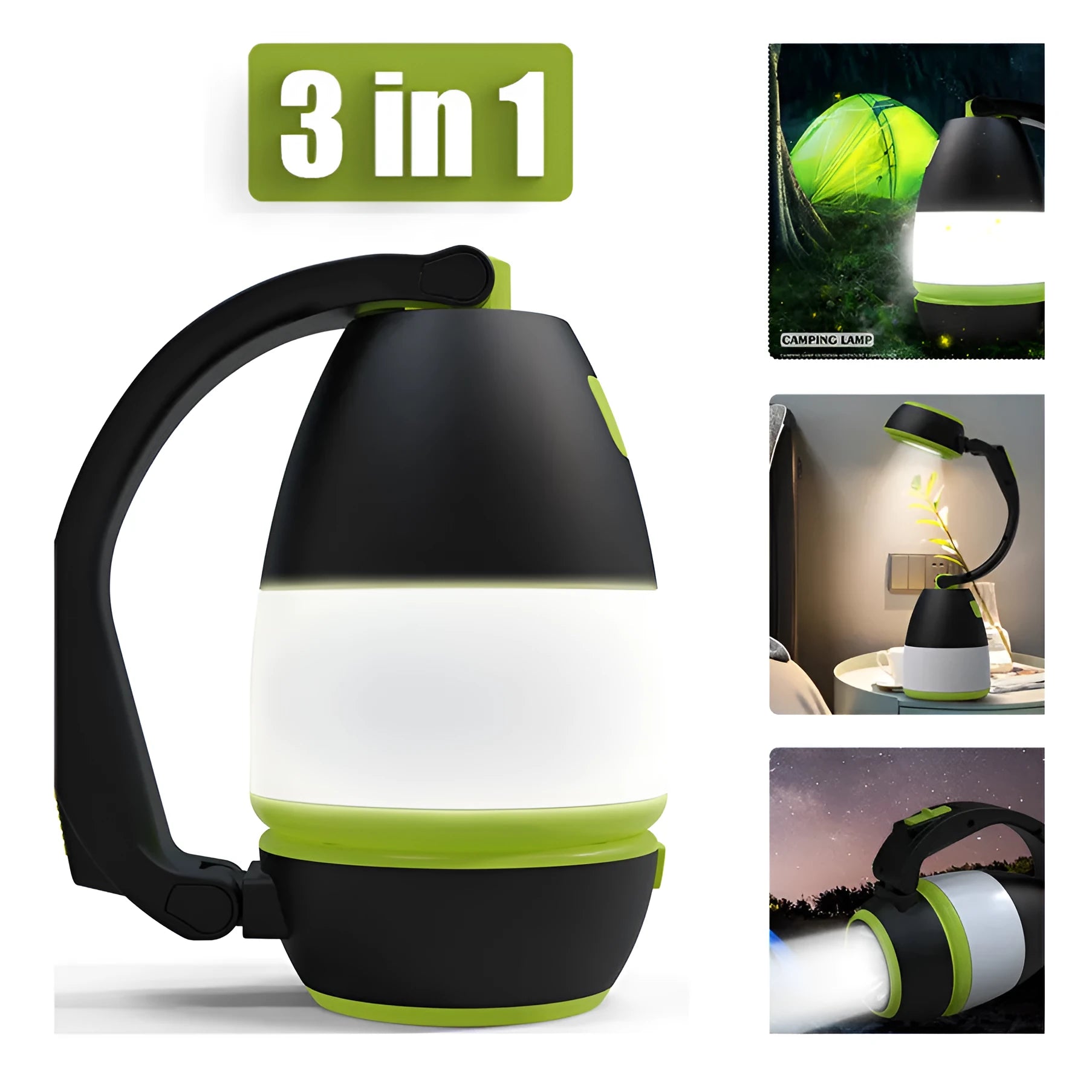 Black green multifunctional LED table lamp with adjustable light head showing three brightness modes