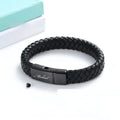 Black leather and stainless steel woven memorial bracelet with personalised lettering