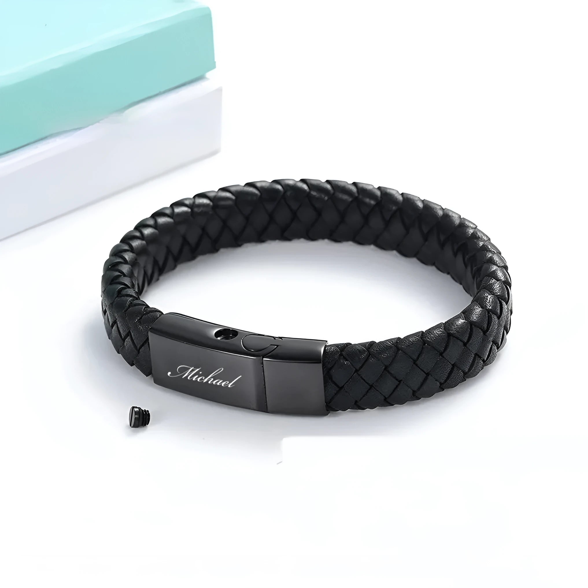Black leather and stainless steel woven memorial bracelet with personalised lettering