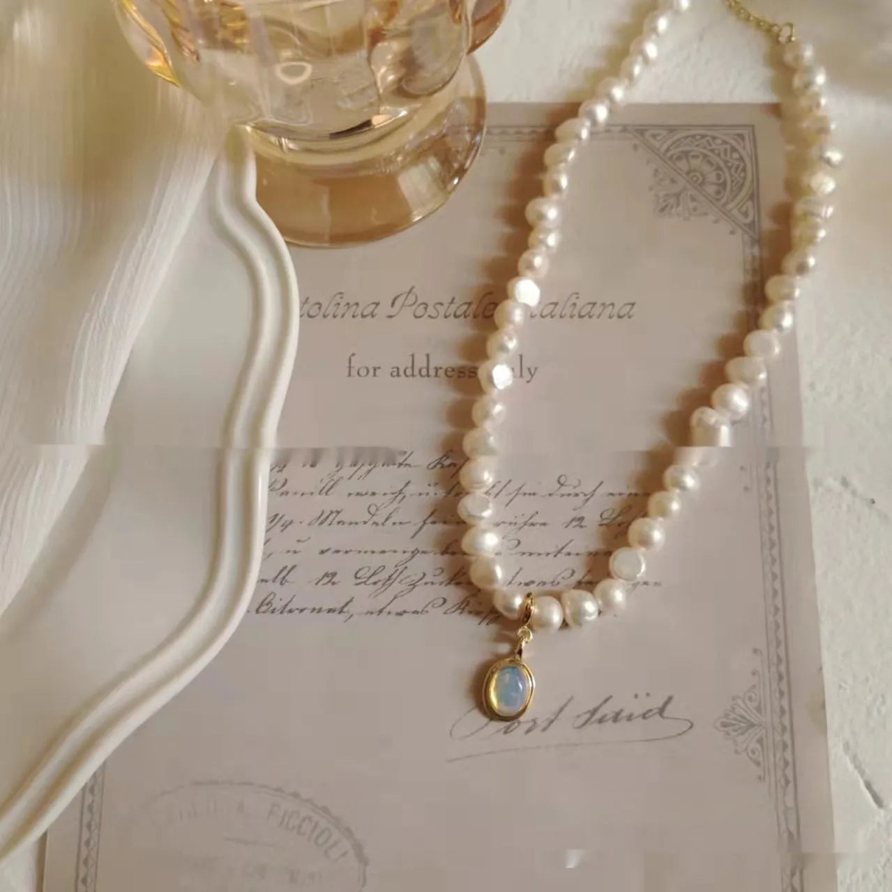 French Court vintage pearl necklace with geometry-shaped pendant on adjustable 21-50cm chain