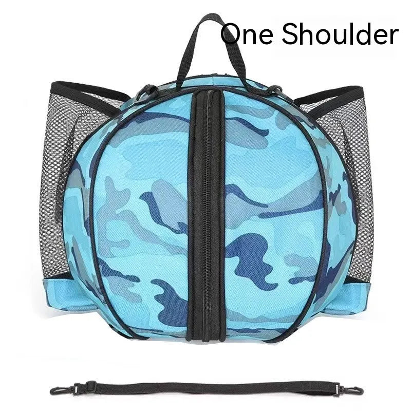 Oxford cloth basketball training bag with adjustable strap shown in a camouflage colour option.