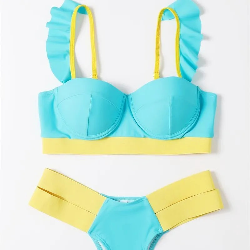 Women's rose red bikini set with steel bracket push-up board top and matching bottoms.