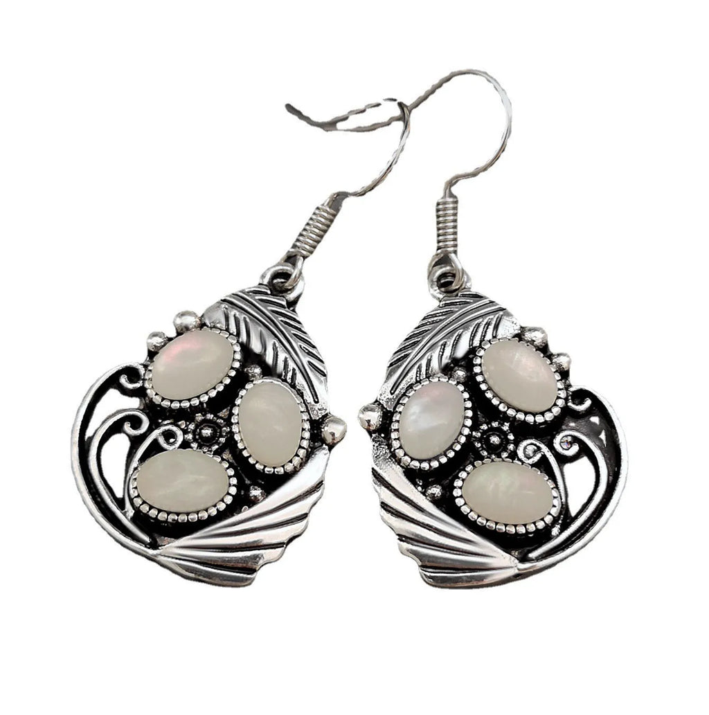 Antique silver leaf feather and shell moonstone drop earrings, 41mm x 20mm alloy retro style