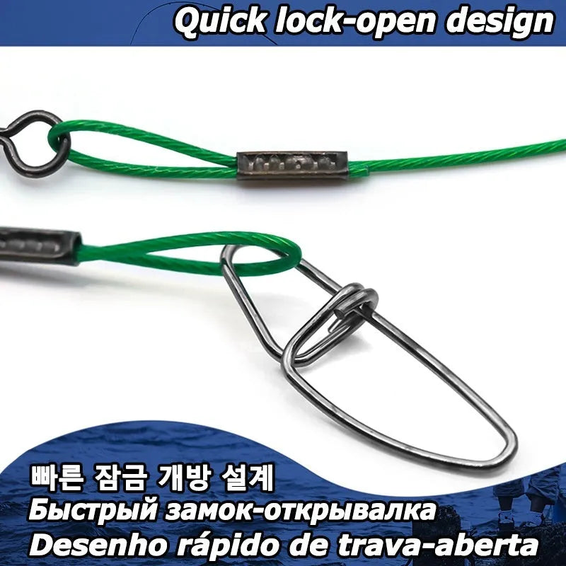 Ten coils of green, black, and red steel wire fishing pins with buckle connectors, each 54cm long.