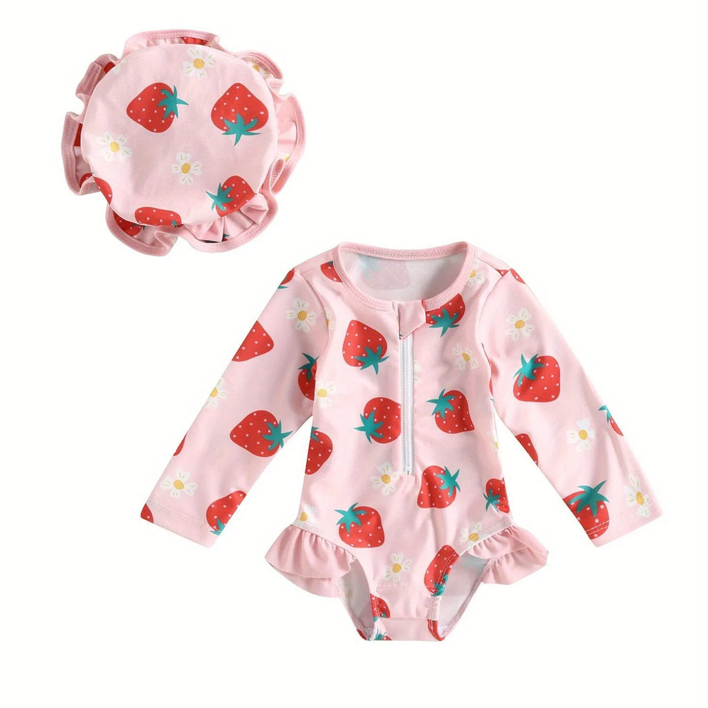 Baby girl one-piece swimsuit with matching hat in pink, light yellow or dark pink, sizes 6-9M to 2-3Y