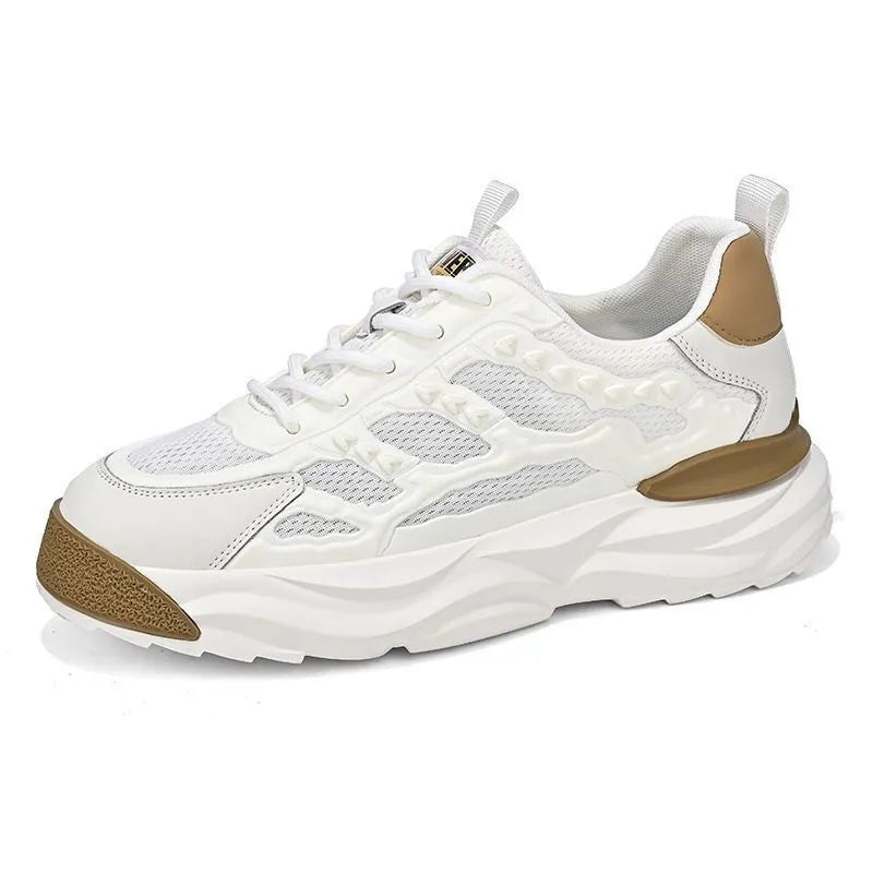 Men's solid colour breathable mesh shoes in white, shown from a side angle.