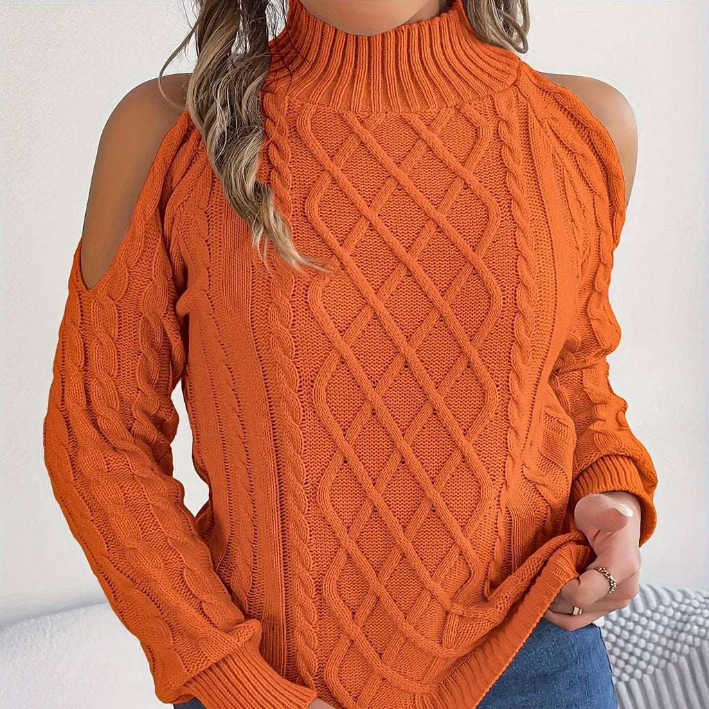 Gray women's strapless sweater with twist detail, half-high collar, and long lantern sleeves on a hanger.