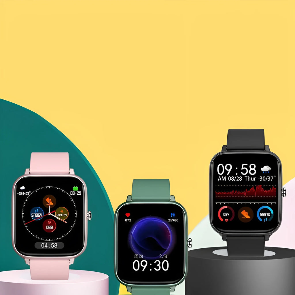 Smartwatch with 1.54-inch full touch screen, TPU wrist strap, Bluetooth calling and music playback, available in black, green, and pink