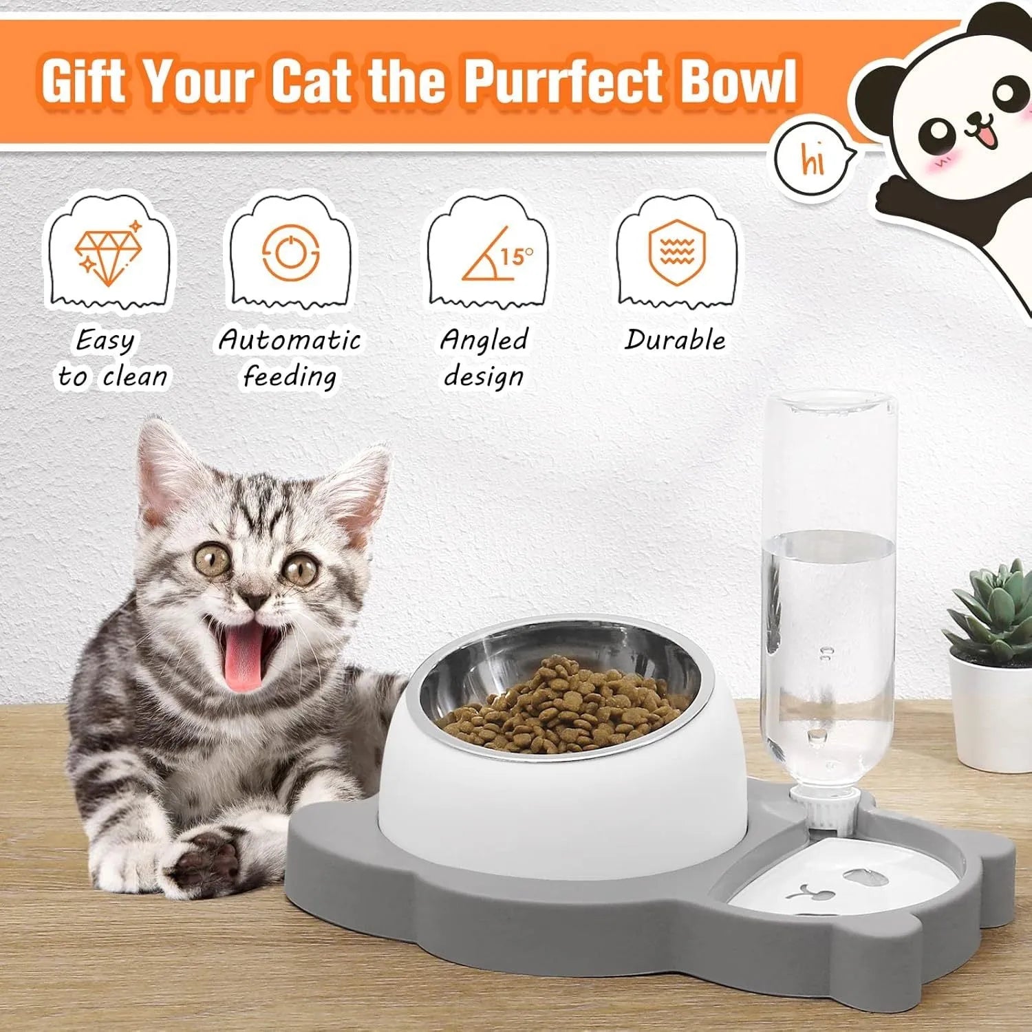 Elevated pet bowl set with panda design, stainless steel dish, and automatic water dispenser bottle