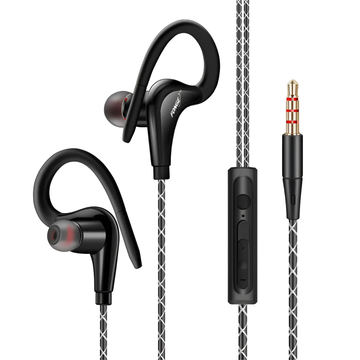 Wired ear-mounted sports headphones with microphone, 3.5mm plug, 1.2m TPE cable, PC earmuffs, black