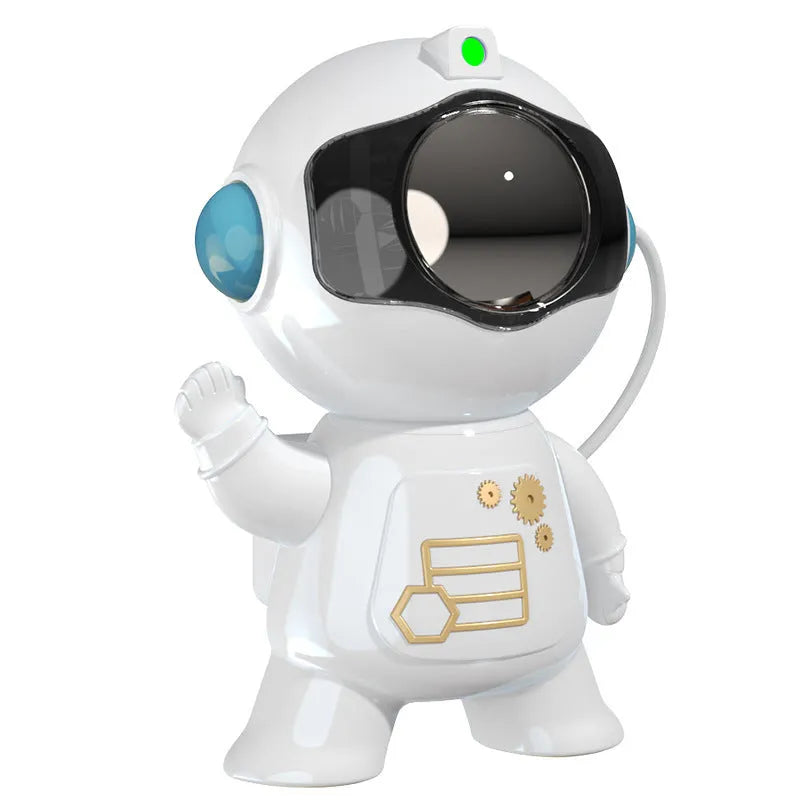 White astronaut starry sky projection lamp with 8 colour options and remote control on a shelf