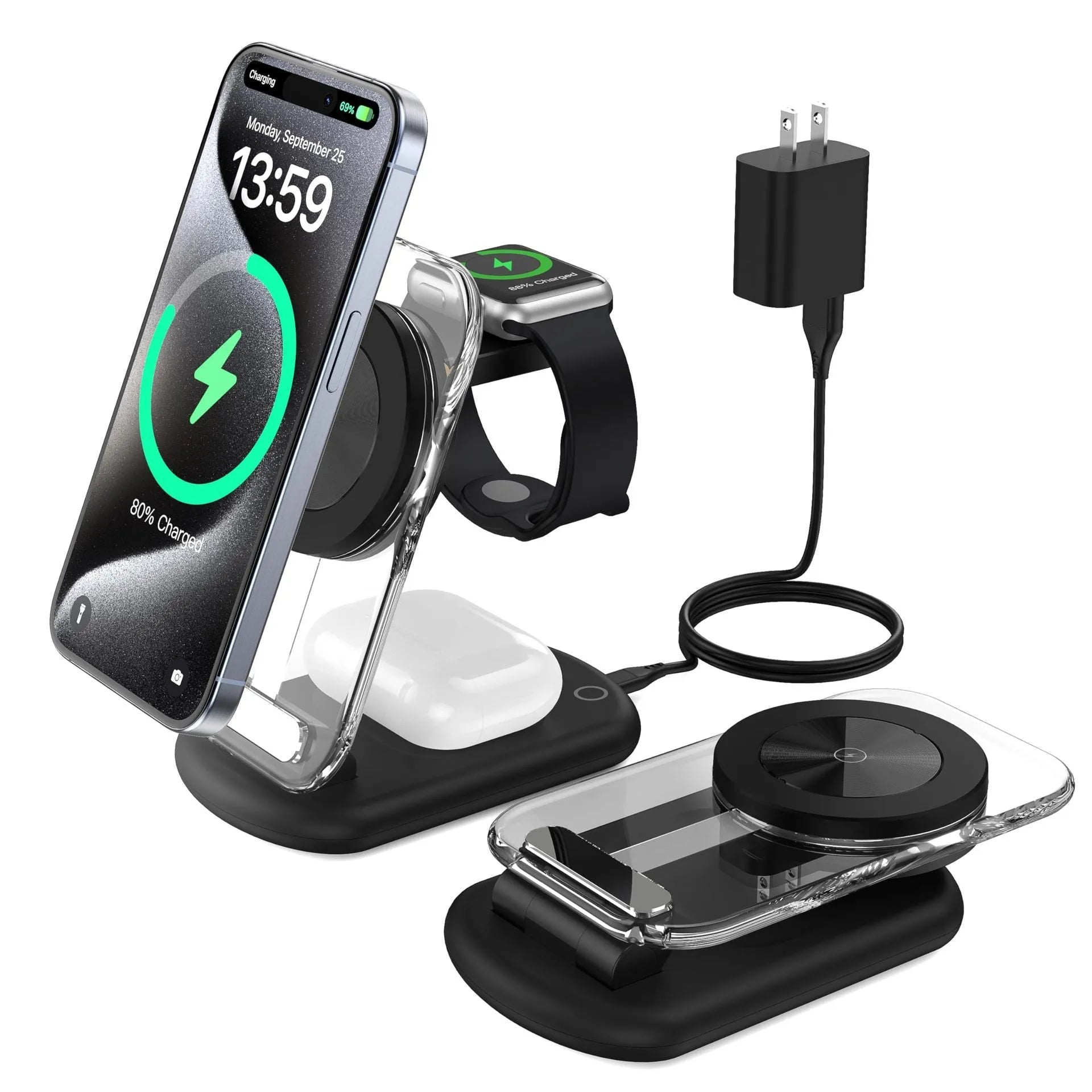 Transparent folding magnetic wireless charger showing internal components and magnetic alignment