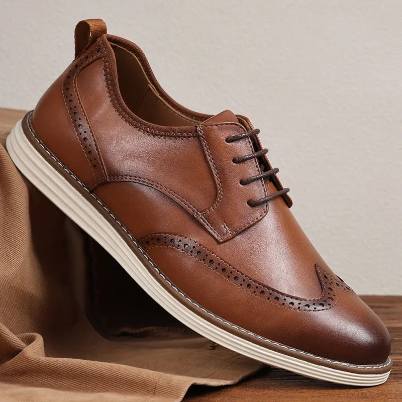 Men's black and brown slip-on business casual shoes with round toe and low-top design