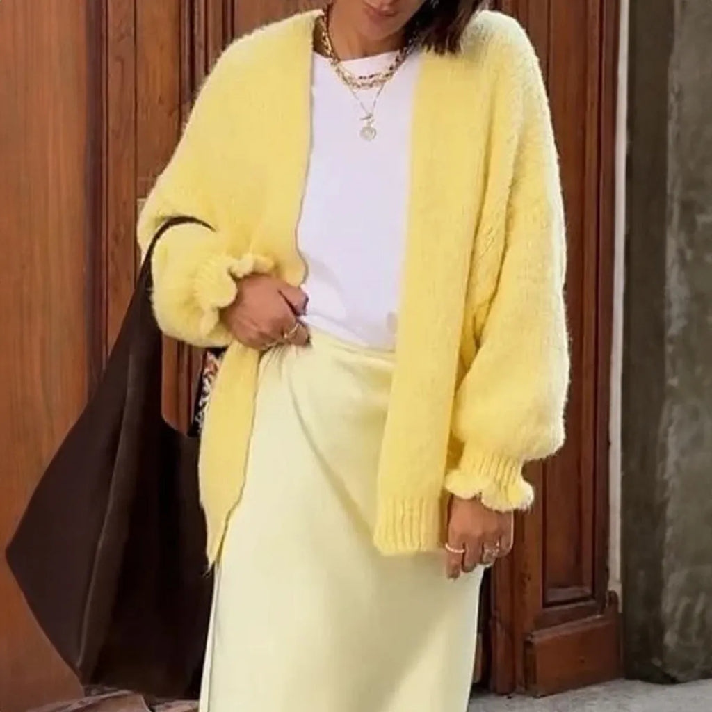 Solid yellow polyester long-sleeved casual shirt with regular sleeves, front view