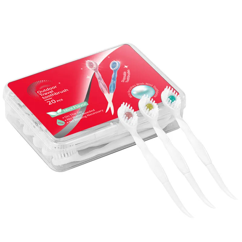 Box of 20 disposable bead toothbrushes with pre-pasted heads for travel and convenience