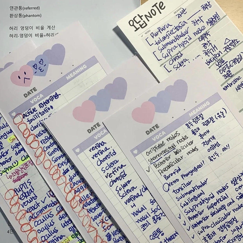 Vertical half-B5 notepad with double-sided printing in pink, purple, or blue cover colours
