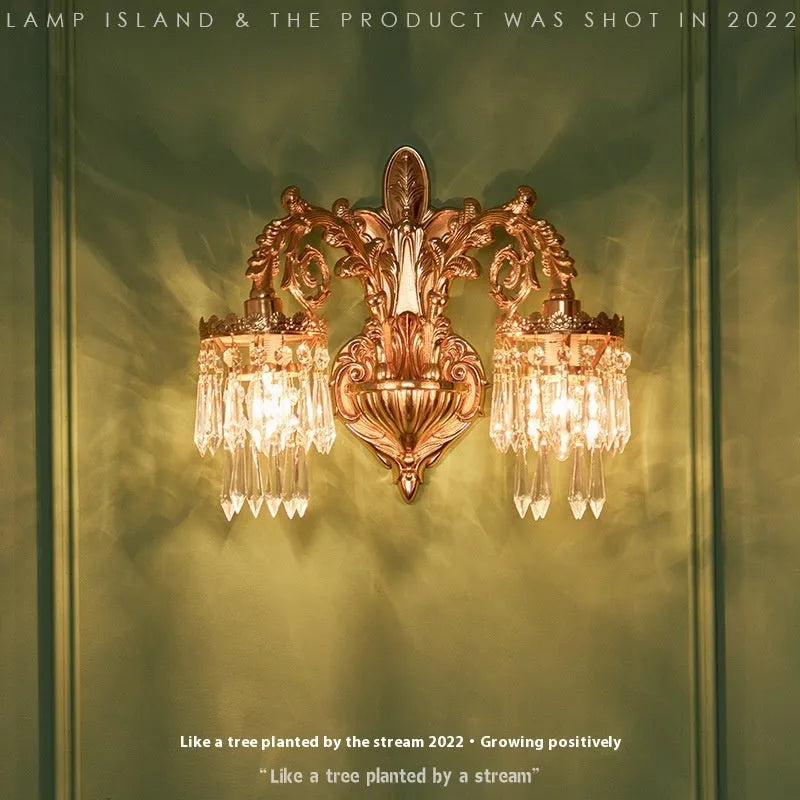 Retro copper wall lamp with crystal shade, single-head or double-head, LED 220V wall light for bedroom and aisle