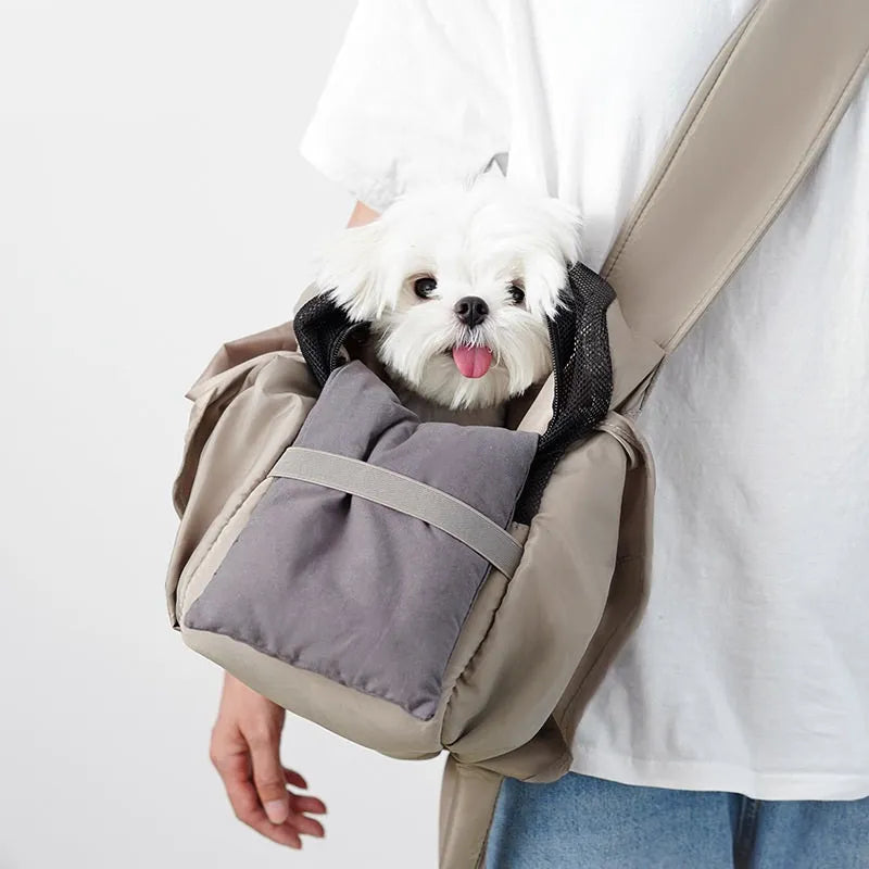 Apricot cloth pet handbag with dimensions 41 x 16 x 28 cm for summer outdoor use