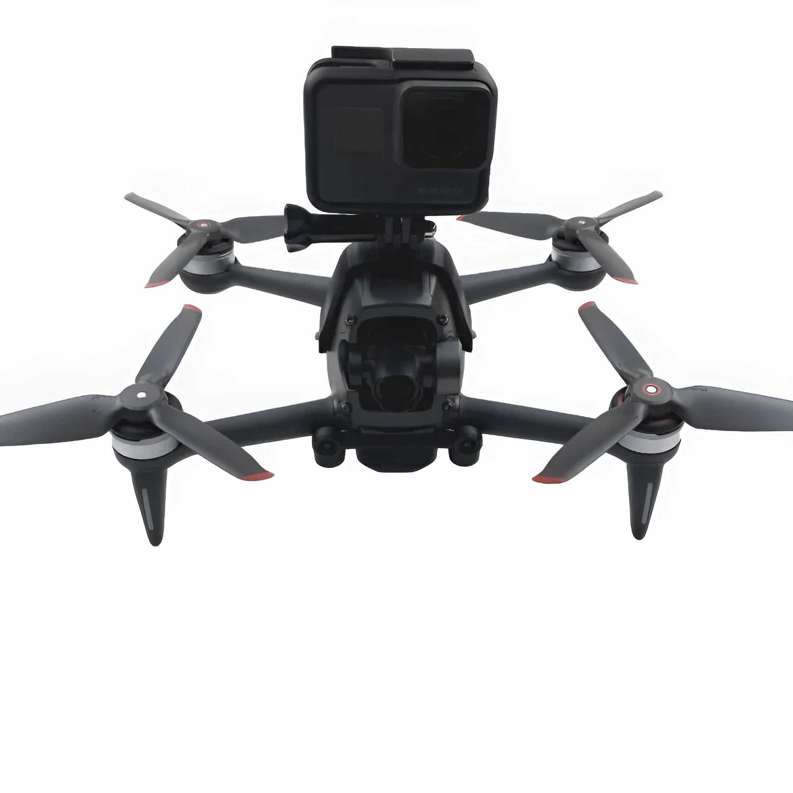 3D-printed hard plastic FPV drone expansion bracket with soft sponge for top-mounted action cameras