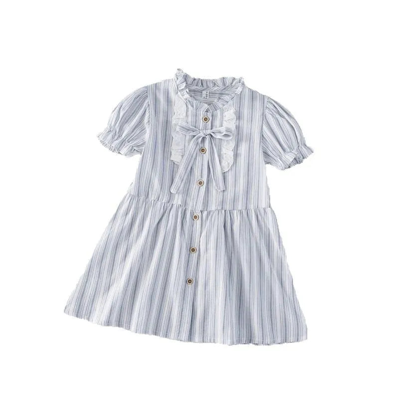 Baby girl short sleeve cotton dress in light blue stripes with A-line skirt and non-slip design, sizes 90cm to 130cm