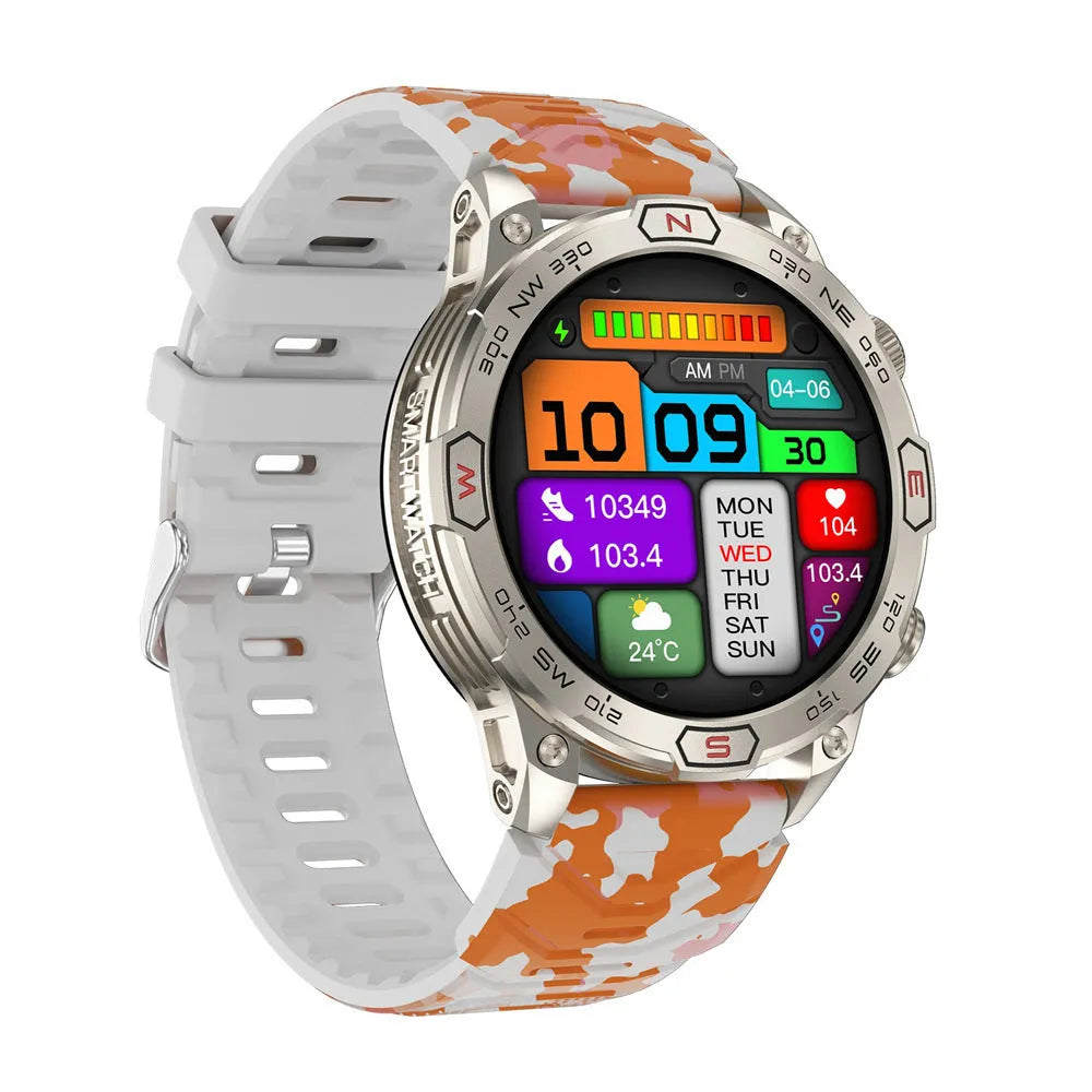 Black sports smartwatch with AMOLED screen displaying heart rate and time on a silicone strap.