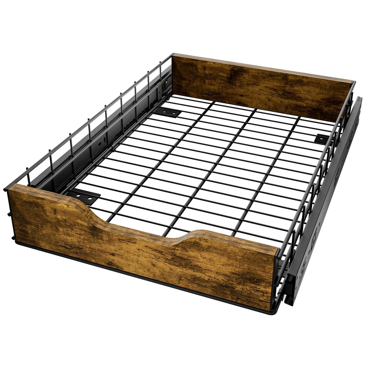 Black household storage rack with pull basket, made from wood and iron, for kitchen and pantry organisation.