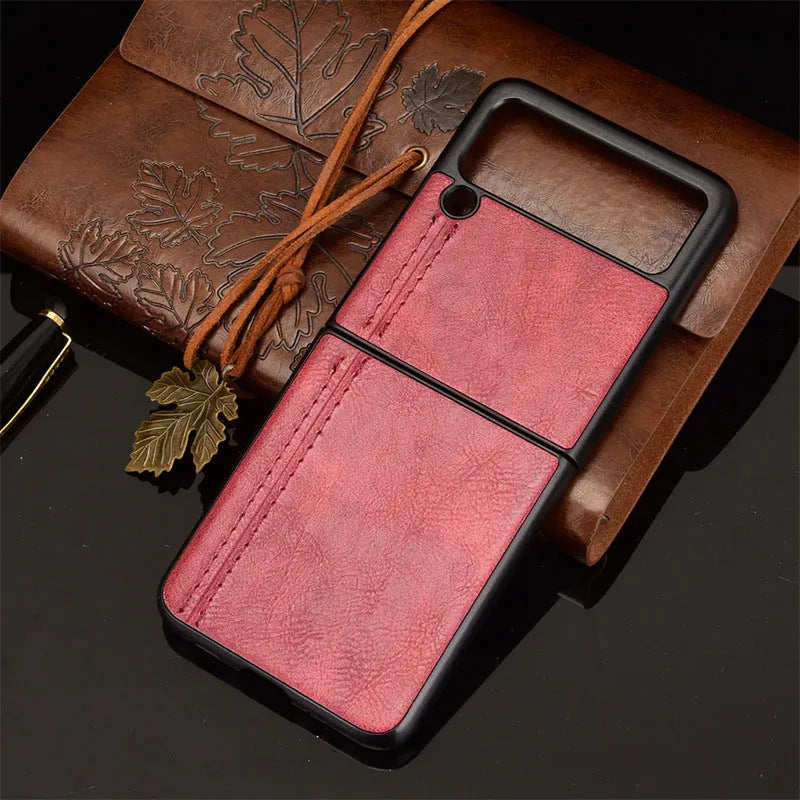 Cow pattern car thread PC leather phone case for Samsung Galaxy Z Flip 3 and Z Flip 4 in black, blue, wine red or yellow.