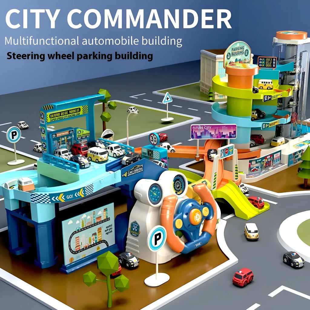 Children's steering wheel toy car building parking lot set with rail car, plastic, dual mode, ages 4-6