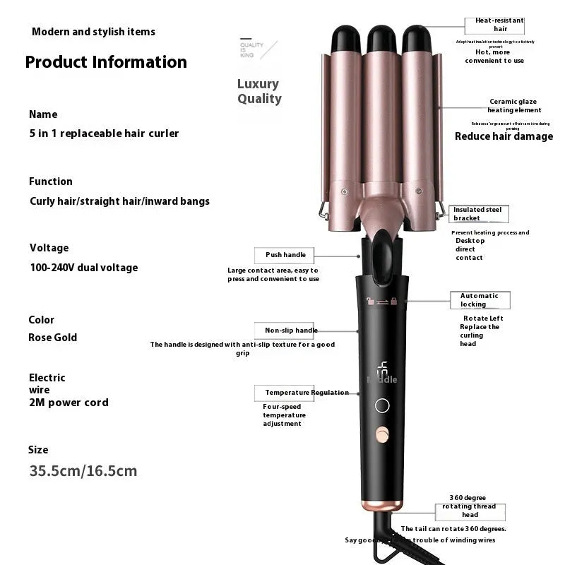 Rose gold hair curler with LCD screen and multiple international power specifications