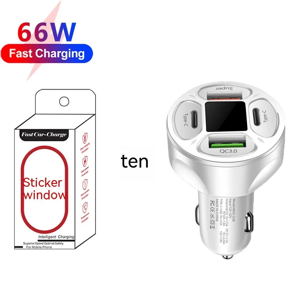 66W black digital display car charger with two USB and two Type-C ports showing voltage readout.