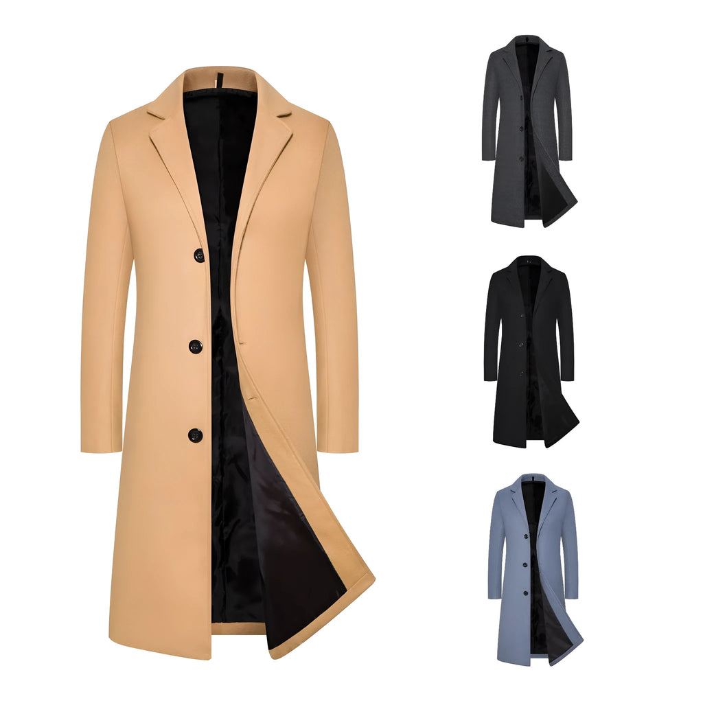 Men's wool mid-length trench coat in solid black, slim fit, 65cm length, sizes M to 5XL