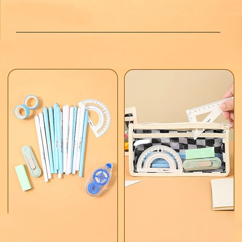 Transparent PVC pencil case with chessboard grid pattern showing pens inside, dimensions 21.5cm x 8cm x 11.5cm