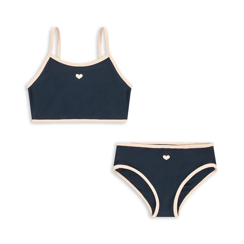 Girls' dark blue split swimsuit briefs style for ages 1-6 years with high elasticity polyester and Lycra fabric