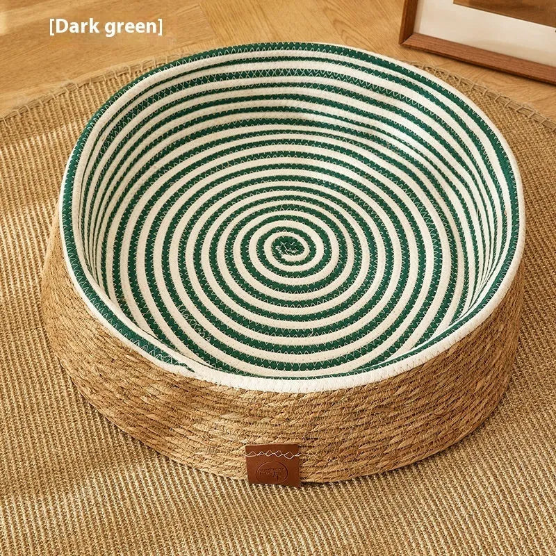 PE rattan cat litter and scratch board integrated nest bed in dark green or brown, sizes S 35x10cm, M 40x11cm, L 48x12cm