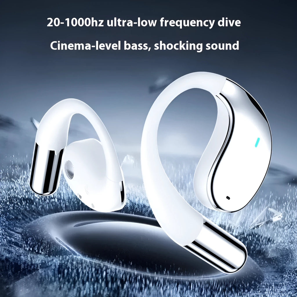 Black sports Bluetooth earphones with ear-mounted design showing digital display screen