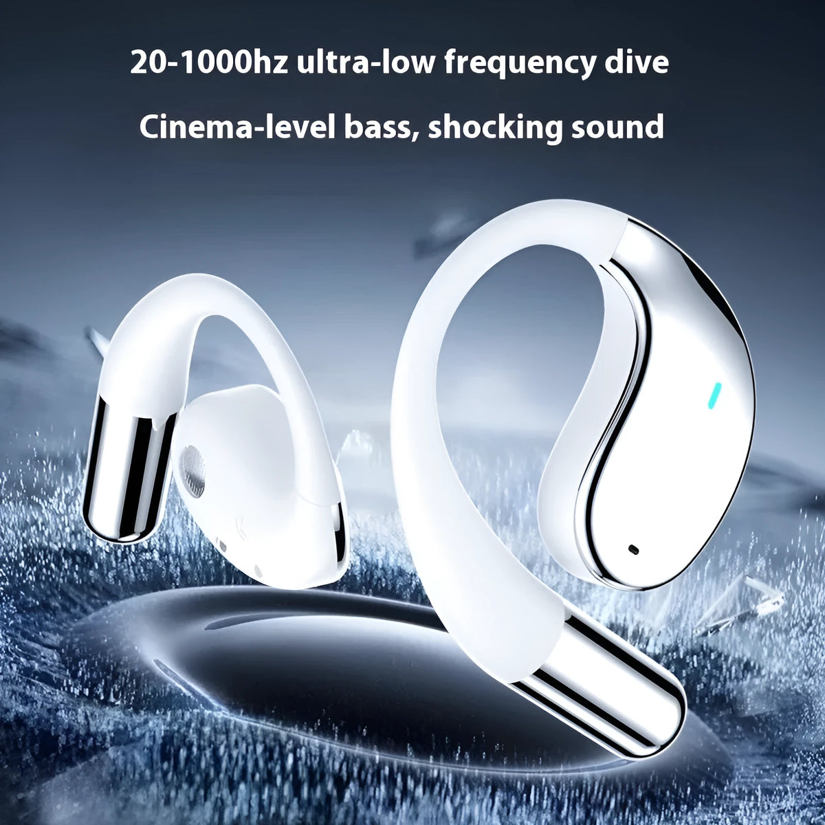 Black sports Bluetooth earphones with ear-mounted design showing digital display screen