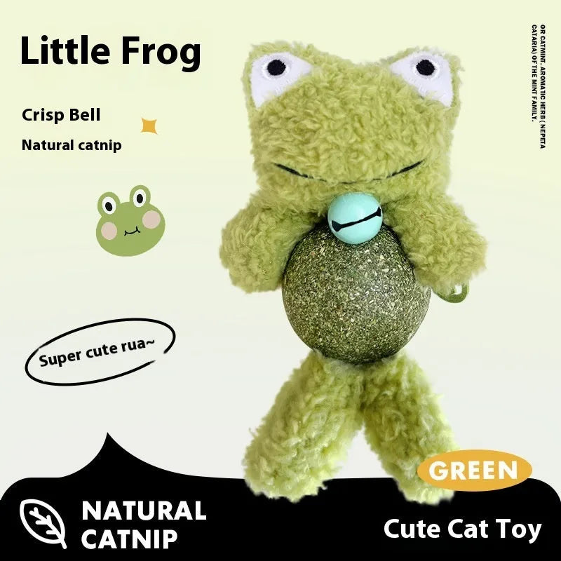 Plush catnip toy shaped as animal character with internal bell and mint ball