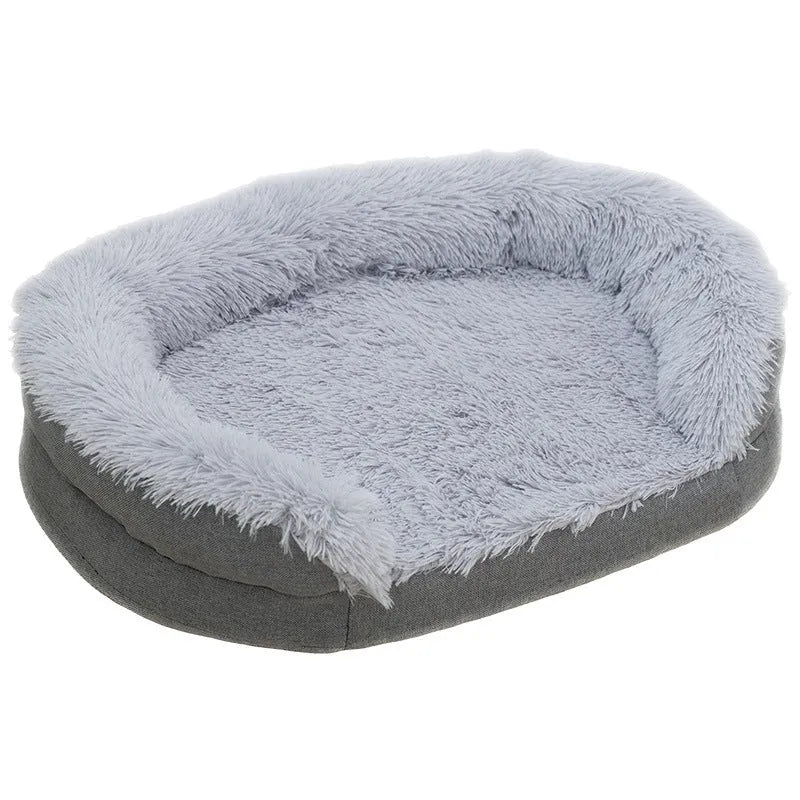 Grey long wool oval open nest dog kennel, cloth plush pet bed in Medium or Large size