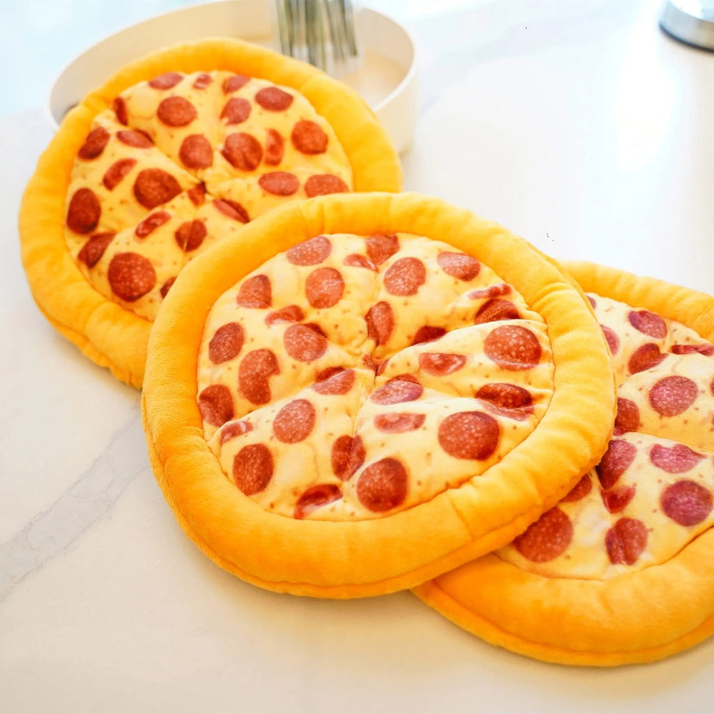 Yellow pizza slice shaped dog chew toy with teddy bear fabric and squeaker for small dogs