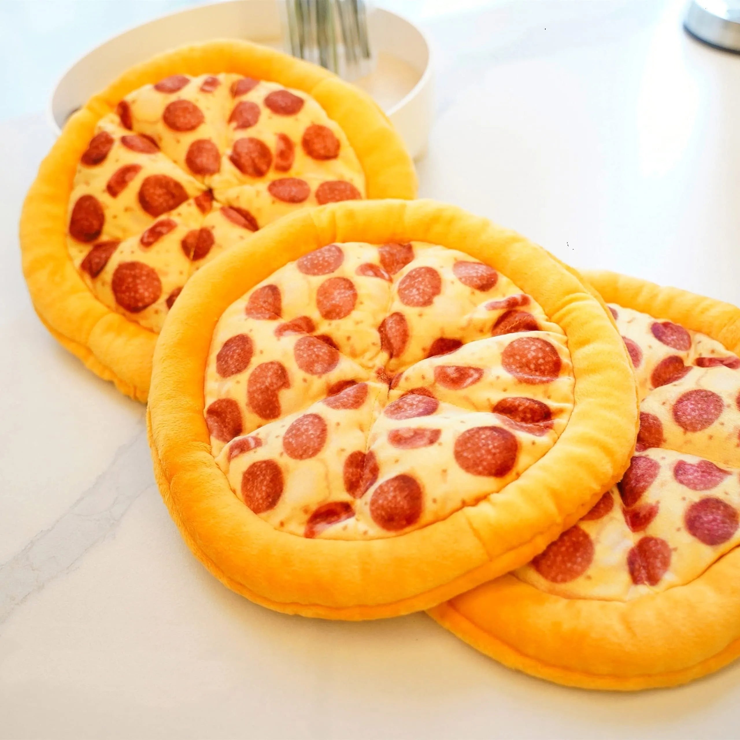 Yellow pizza slice shaped dog chew toy with teddy bear fabric and squeaker for small dogs