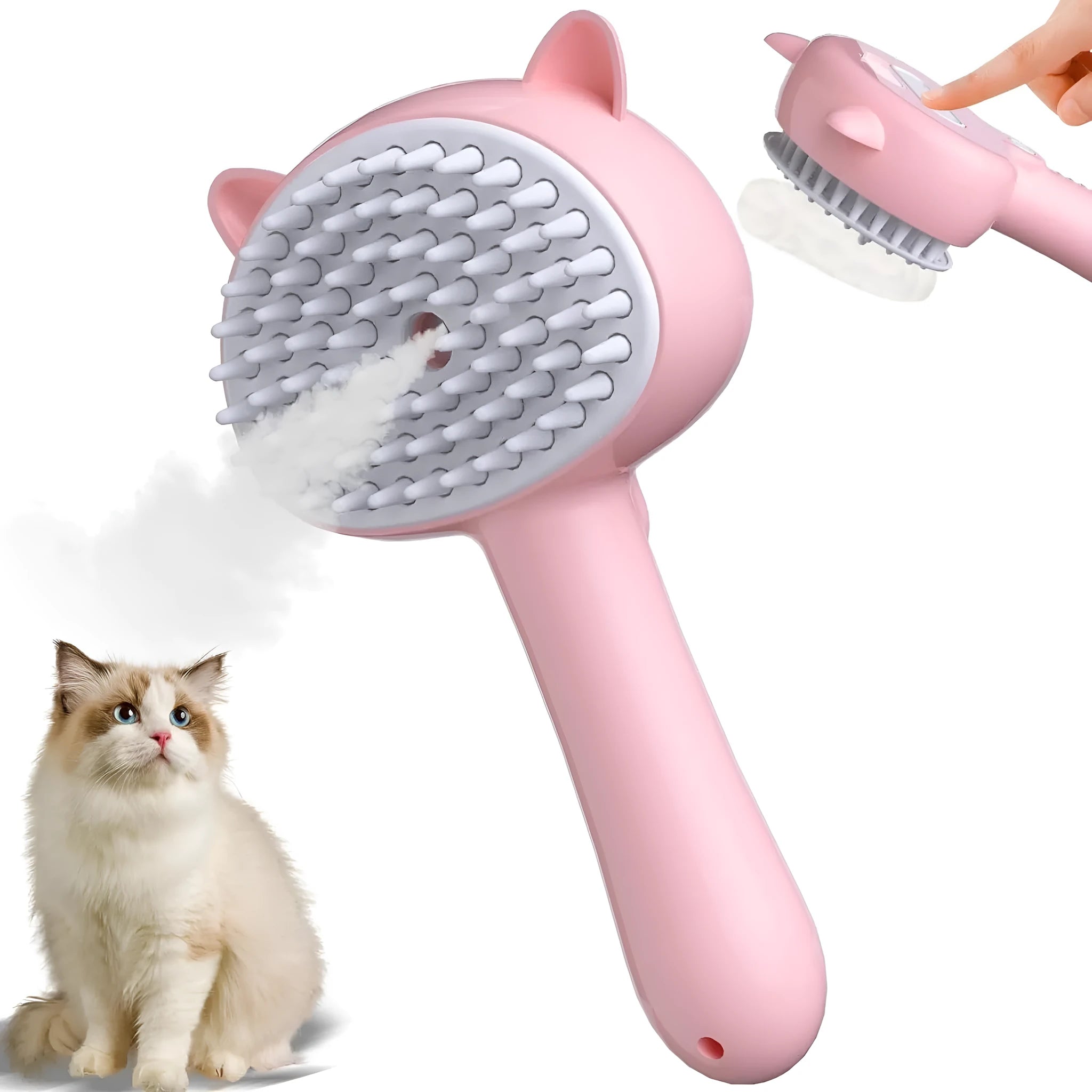 Blue 4-in-1 cat steam brush with ergonomic handle and release button for pet grooming