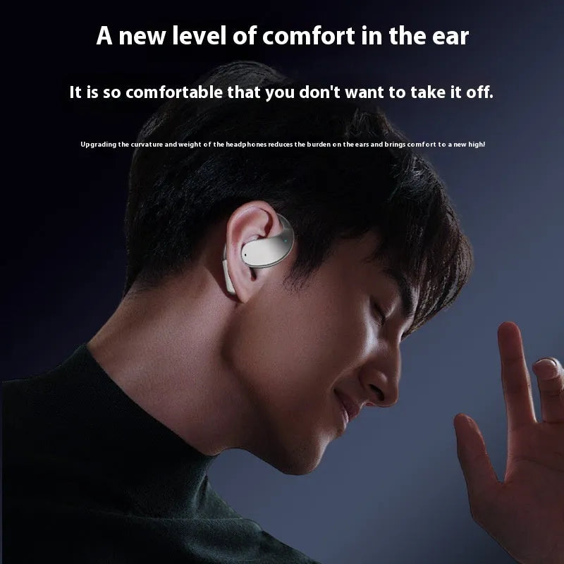 Black sports Bluetooth earphones with ear-mounted design showing digital display screen